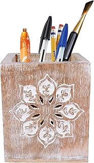 Mela Artisans Wooden Pen Holder for Desk Cute - Serena, Whitewash | Pencil Cups for Desk Decorative | Rustic Farmhouse Decor | Elegant Office Supplies for Home | 4” x 3.5” x 3.5”