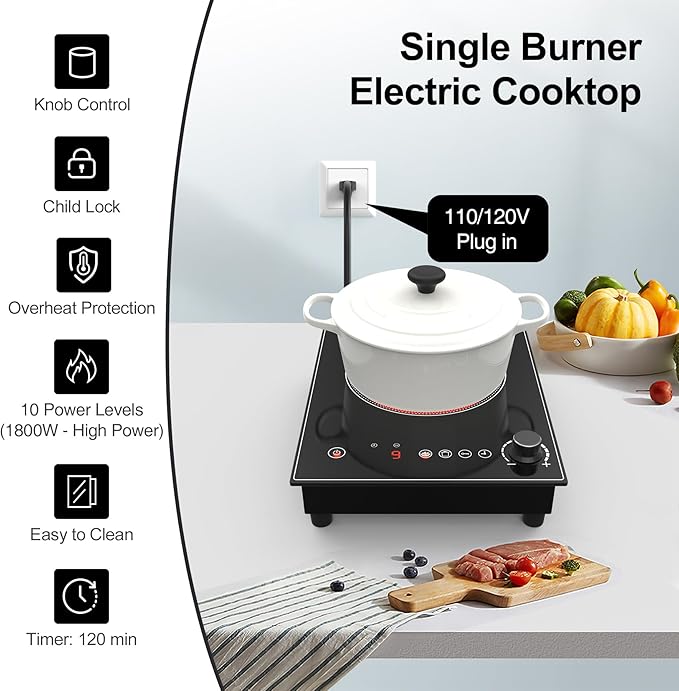 1800W Portable Electric Cooktop – Features touch & knob controls with 10 heat levels, child lock, and timer. 110V for home, camping, and apartments.