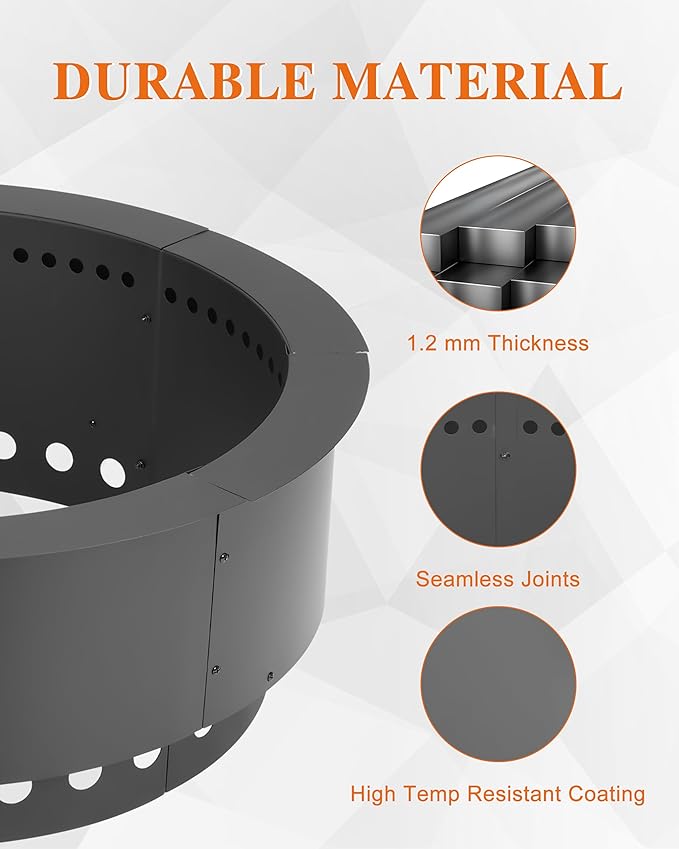 BPS Metal Fire Pit Ring, 37 Inch Outer/30 Inch Inner Smokeless Double-Layer Outdoor Firepit Insert for Backyard Wood Burning, Campfire