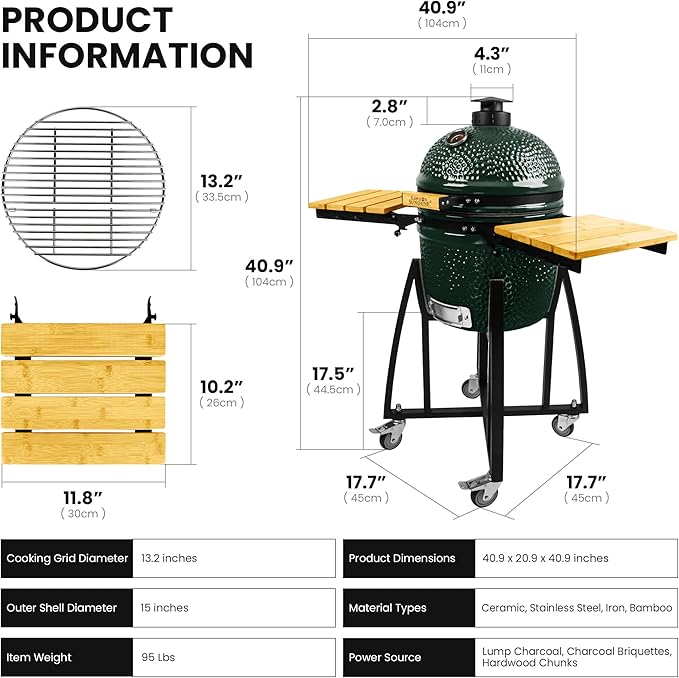 London Sunshine 15-inch Ceramic Kamado Charcoal BBQ Grill & Smoker with Locking Casters, Foldable Side Shelves, Stainless Steel Grates, and Tall Stand (Green)