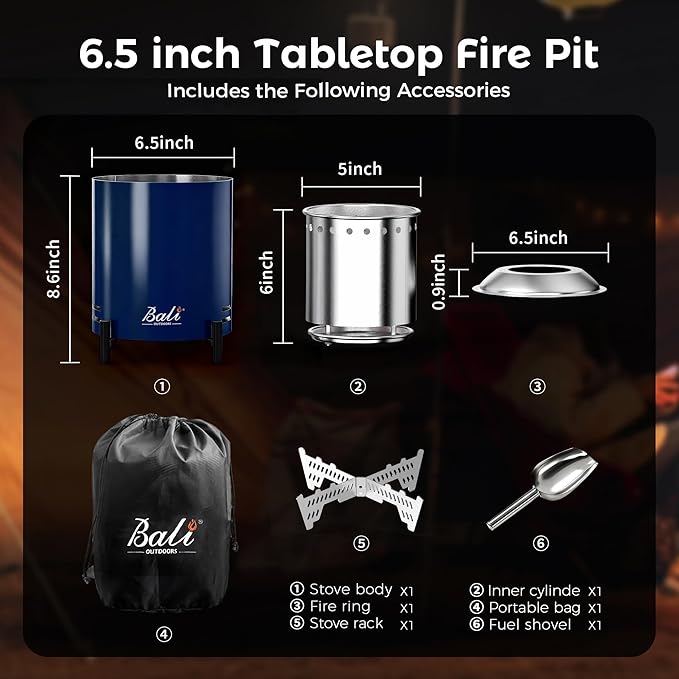BALI OUTDOORS 6.5 inch Tabletop Fire Pit Round, Stainless Steel Table Top Firepit Small, Outdoor Smokeless Firepit Portable, Blue