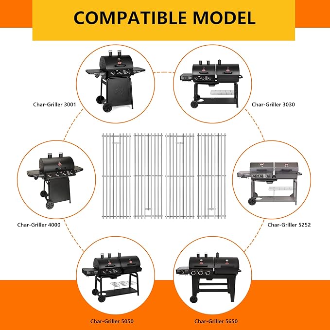 CANDANA Cooking Grates for Char Griller, Stainless Steel Grill Grids Stainless Steel Grill Rack 2121 2123 2222 2828 3001 3030 3725 4000 5050 5252 5650 9020