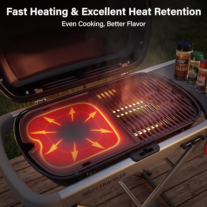 7034 Cast Iron Griddle - 13.5" x 12.4" for Weber Traveler Gas Grill with Grease Holes, Flat Top Insert Cooking Griddle for Traveler Model 9010001 9011701 1501740 1501741 and More