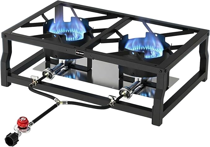 FIRE RIOT Tabletop Double Burner Camp Stove - 100,000 BTU Portable Propane Gas Cooker with CSA Regulator - Heavy-Duty Steel Frame for Camping, BBQ & Outdoor Cooking