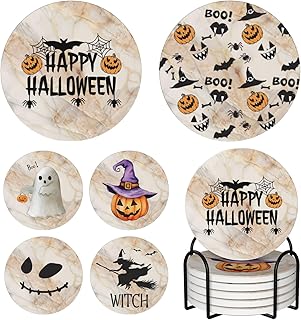 Coaster for Coffee Table Halloween Absorbent Coasters Set - Spooky, Decorative Drink Coasters for Home, Office, and Parties - 6-Pack with Holder Marble Background