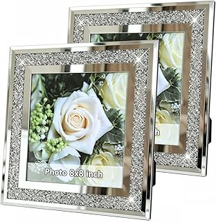 2-Pack 8x8 Diamond Crushed Crystal Picture Frame, Sparkly Bling Photo Frame with Beveled Glass, High-End Mirrored for Tabletop or Wall Mount, Luxury Velvet Back Display 8x8 Inch Photos (Silver)