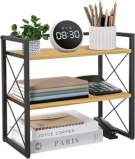 YINMIT Desktop Shelf Organizer, 2 Tier Office Shelves, Wood Desk Organizer Storage Rack and Freestanding Display Shelf for Office, Dormitory, Home (Black Wood)