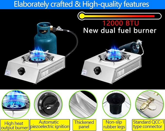Horynar Propane Stove Single Burner Propane Stove 1 Burner 12,000 BTU Dual Fuel Auto Ignition with CSA Converter / QCC1 LPG Hose for Emergency Outdoor Cooking