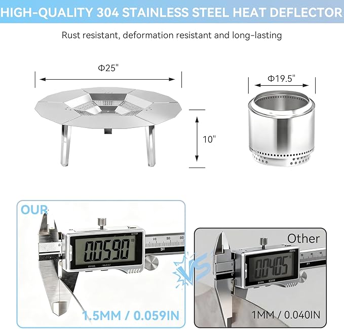 Fire Pit Heat Deflector for Solo Stove Bonfire 19.5", 304 Stainless Steel Portable Heat Diffuser Firepit Captures and Redirects Warmth with Handle & Leg, Detachable Burner Cover Accessories