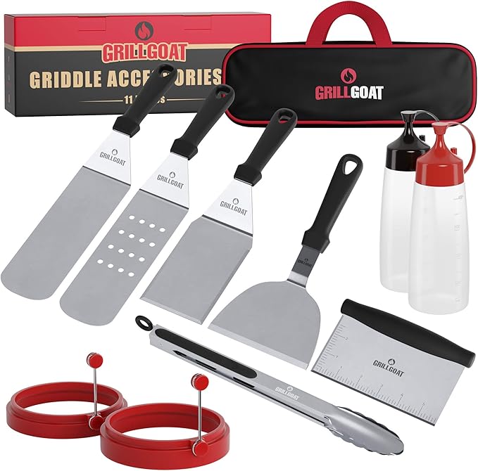 Griddle Accessories Kit - 11 Piece Griddle Tool Kit - Stainless Steel Metal Spatula Set, Scraper, Turner, Tongs, Egg Rings and More- Perfect for Blackstone or Hibachi BBQ