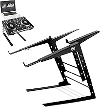 Pyle Portable Dual Laptop Stand - Standing Table with Adjustable Height, Ergonomic Design & Anti-Slip Prongs for DJ Mixer, Sound Equipment, Workstation, Gaming & Home Use - PLPTS38, Black