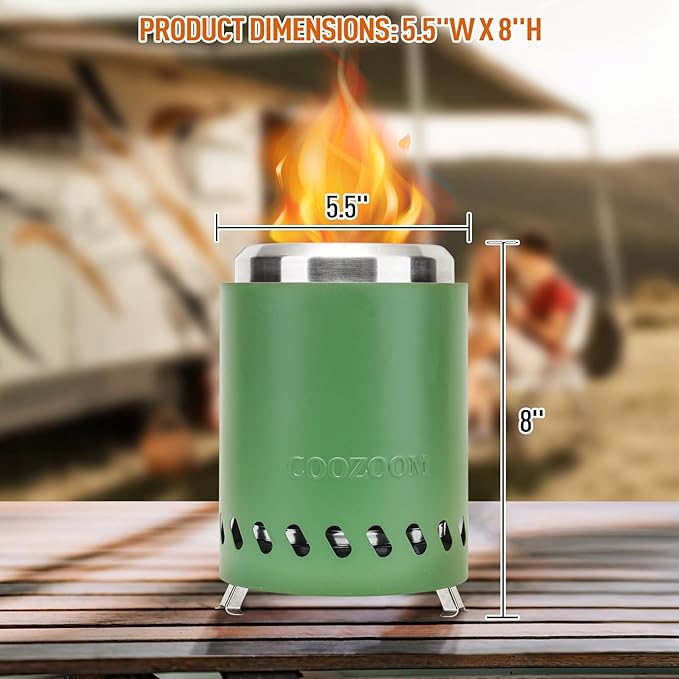Portable Table Top Fire Pit with Stand, 5.5" Stainless Steel Mini Outdoor Low Smoke Burning Tabletop Firepit Fueled by Pellets or Wood, for Outside Camping Green