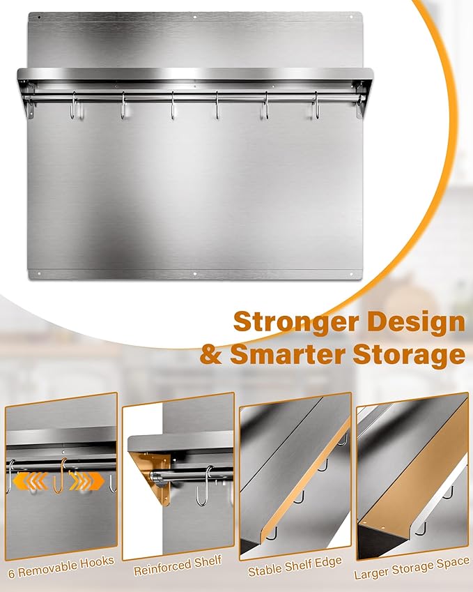 24 x 30 In Stainless Steel Backsplash - Kitchen Wall Splash Guard Behind Stove with Storage Shelf and Hanging Rack, Easy Clean and Installation