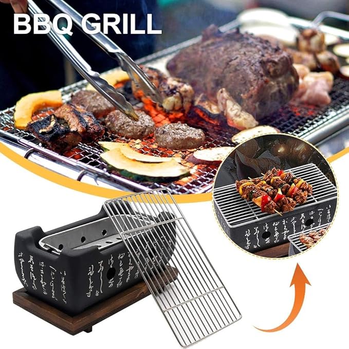 Japanese Style Hibachi Grill, Portable Tabletop Yakitori Charcoal Grill for Indoor Outdoor BBQ with Wooden Base & Wire Mesh 4.9x4.5x9.4in