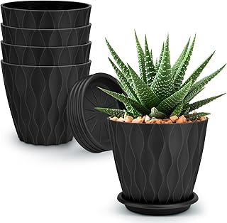 YNNICO 4 inch Plant Pots, 5 Pack Flower Pots Outdoor Indoor, Planters with Drainage Holes and Tray Saucers(Black)