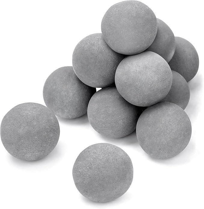 GRISUN 4-Inch Grey Round Ceramic Fire Balls – Tempered Firepit Spheres for Natural & Propane Fireplaces, Safe for Indoor & Outdoor Use, Reusable Set of 12 Decorative Fire Pit Accessories