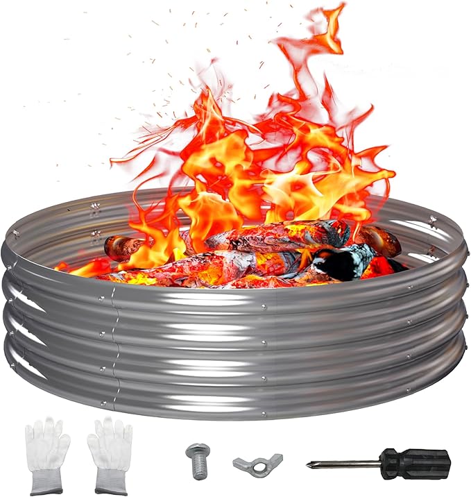 PROWORX 48 Inch Outdoor Fire Pit Ring, Round Galvanized Portable Fire Pit for Camping, Metal Steel Bonfire Fire Ring for Outside, Backyard