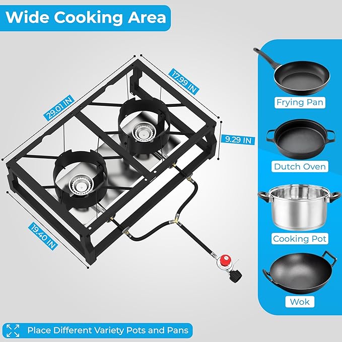 FIRE RIOT Tabletop Double Burner Camp Stove - 100,000 BTU Portable Propane Gas Cooker with CSA Regulator - Heavy-Duty Steel Frame for Camping, BBQ & Outdoor Cooking