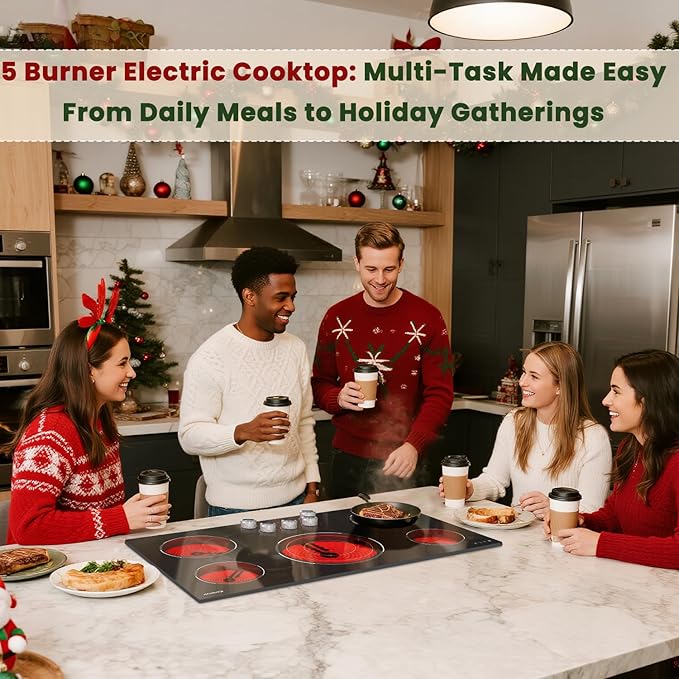 Electric Cooktop 36 Inch Karienvir, 5 Burner 9200W Electric Stove Top with Dual-Ring & Triple-Ring Burners, 220V-240V Hardwired Cooktop, 36" Cook top With Knob Control 9 Level Power, Timer, Lock