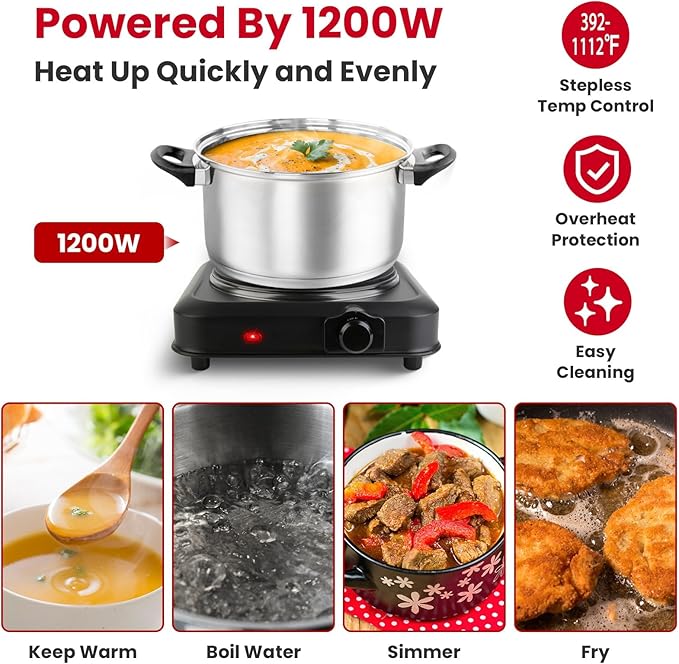 1200W Hot Plate, Electric Infrared Single Burner, Portable Stove Countertop Hotplate with 7.5” Glass Cooktop Stepless Temperature Adjustments for Home RV Camp, Compatible for All Cookwares