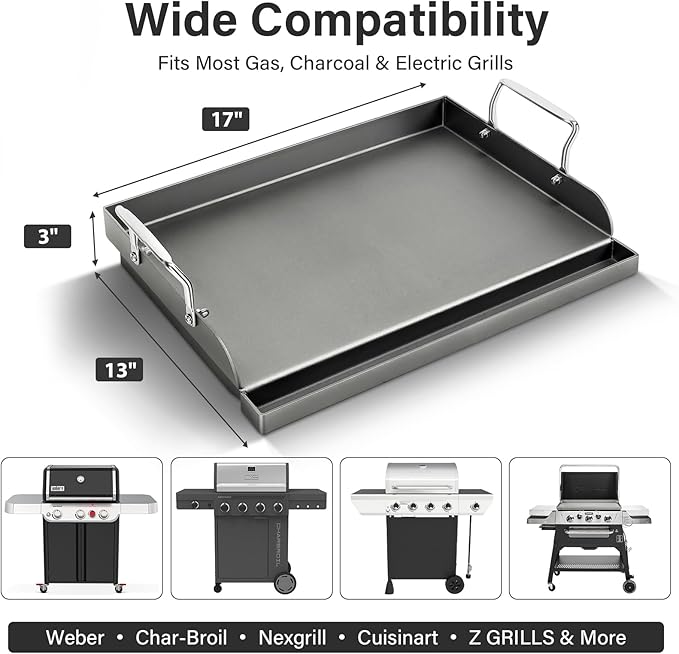 17" x 13" Cast Iron Flat Top Griddle - Oil Coating Non-Toxic - Universal Grill Insert with High Sidewalls, Fits Gas/Charcoal/Electric Grills (Weber, Charbroil, Nexgrill, More)