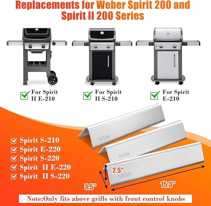 7635 15.3 Inch SUS304 Flavorizer Bars for Weber Spirit I & II 200 Series - E210, S210, E220, S220 with Front Control Knobs, Flavor Bars for Weber GS4 Spirit Grill Replacement Parts 7635 67045
