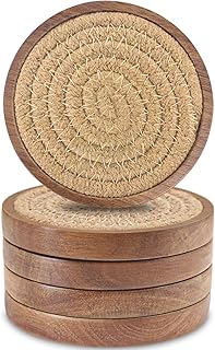 Wood Coasters for Drinks, Eykao Absorbent Coaster Sets of 5, Woven Drink Coasters for Coffee Table, Housewarming Gift for Farmhouse Home Decor,4 inches