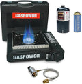 10,000 BTU Propane or Butane Stove with Windblocker, Dual Fuel Propane Stove for Camping, Automatic Ignition Gas Portable Stove with Propane Adapter Hose Carrying Case (Fuel Not Included)