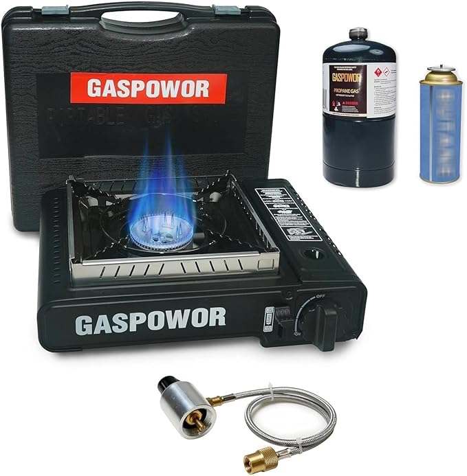 10,000 BTU Propane or Butane Stove with Windblocker, Dual Fuel Propane Stove for Camping, Automatic Ignition Gas Portable Stove with Propane Adapter Hose Carrying Case (Fuel Not Included)