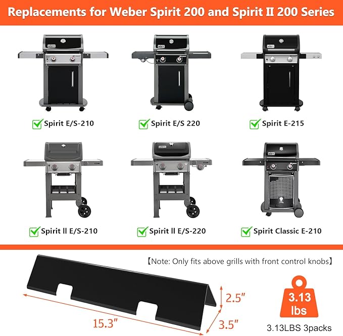 QuliMetal 15.3" Flavorizer Bars for Weber GS4 Spirit II 200, Spirit II E-210, Spirit E-210, Spirit 200 Series Grills with Front-Mounted Control, Porcelain Enameled for Weber Spirit Heat Plates