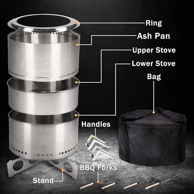 BRIOPAWS Large Smokeless-fire-pit Outdoor | 19 IN | 304 Stainless-Steel-Firepit | Portable Solo Fire Pits for Outside, Camping | Low Smoke Stove | Wood Burning Chimenea, Inclu. Bag, BBQ Forks, Handles