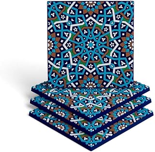 Set of 4 Silicone Coasters - Protect Against Water Marks or Damage - Fits All Cups, 3.5" Size, Blue Morocco
