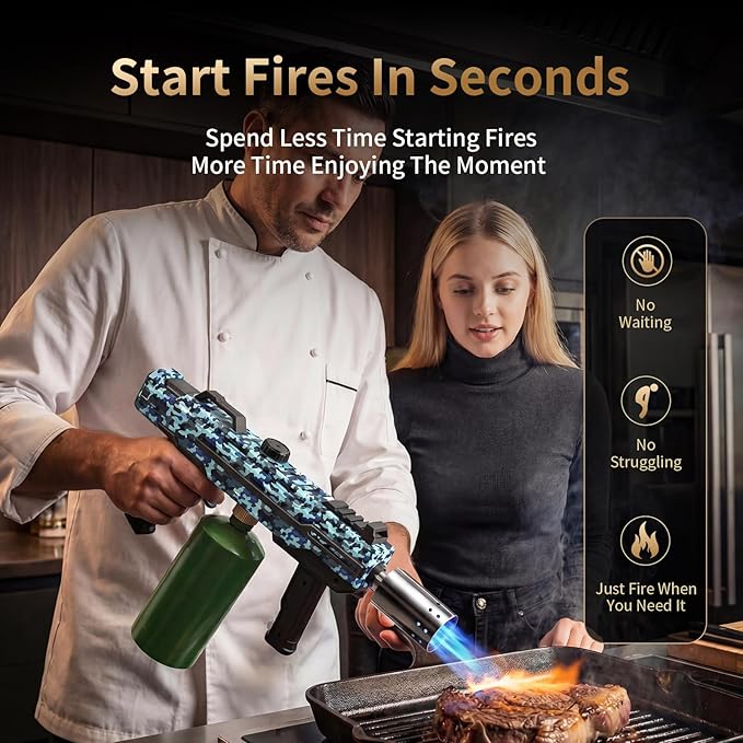 Propane Torch Gun, Adjustable Flame Blow Torch for Cooking, Powerful Grill Torch and BBQ Torch for Charcoal, Fire Torch for Searing Steak, Camping and Outdoor Use (Tank Not Included)