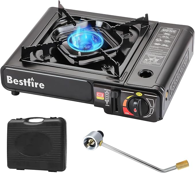 BESTFIRE Portable Dual Fuel Camping Stove - 10,000 BTU Butane and Propane Stove with Adapter & Case - Single Burner Gas Stove for Outdoor Cooking, Tailgating & Emergency