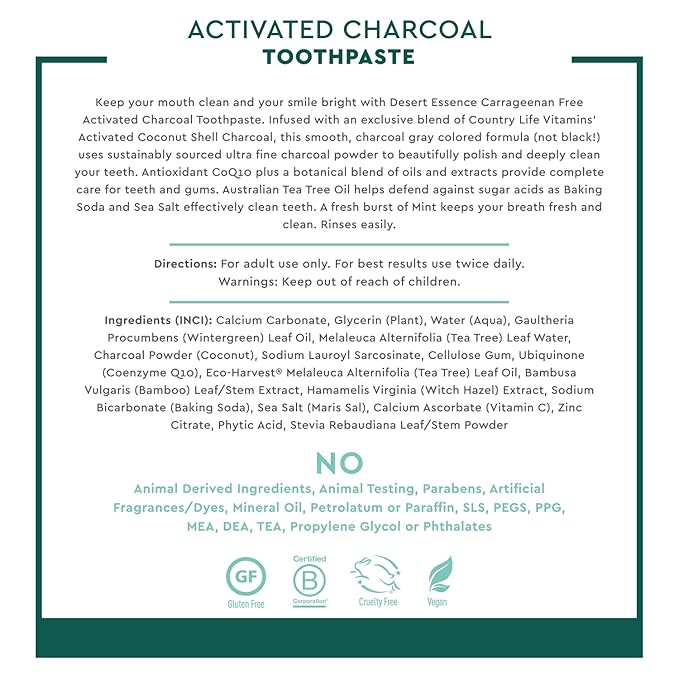 Desert Essence Activated Charcoal Toothpaste - Fluoride and Carrageenan Free - Brighter Teeth and Fresher Breath with Activated Coconut Shell Charcoal, Baking Soda, and Fresh Mint - 6.25 oz