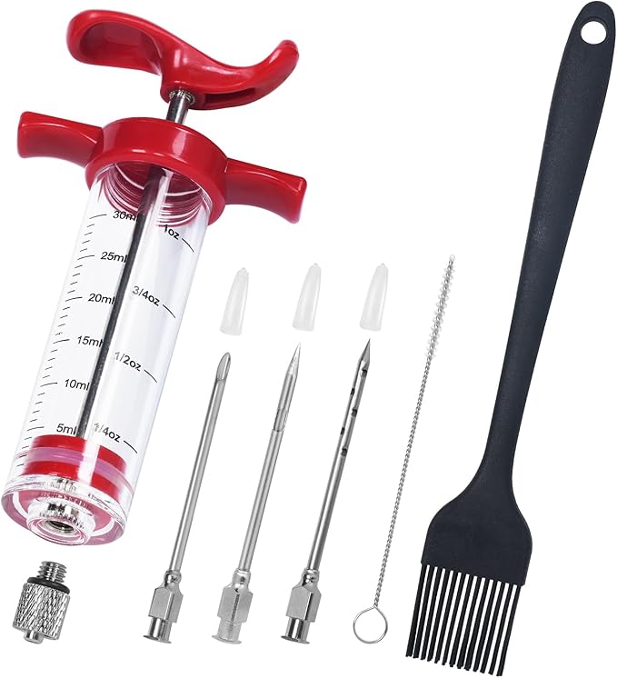 Turkey Injector Syringe - 3 Marinade Injector Needles, Meat Injector Syringe 1OZ, Portable Meat Injector Kit with Black BBQ Brush & Cleaning Brush for Smoked BBQ Grill, Food Syringe with 5-Hole Needle