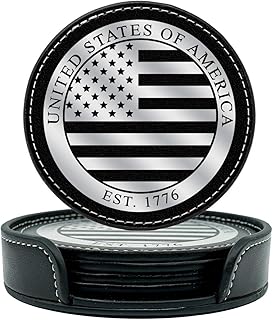 Premium American Flag Leather Coasters Set with Foil Stamped Logo - 4 USA Drink Coasters for Home, Bar Office | Flag Leather Coasters