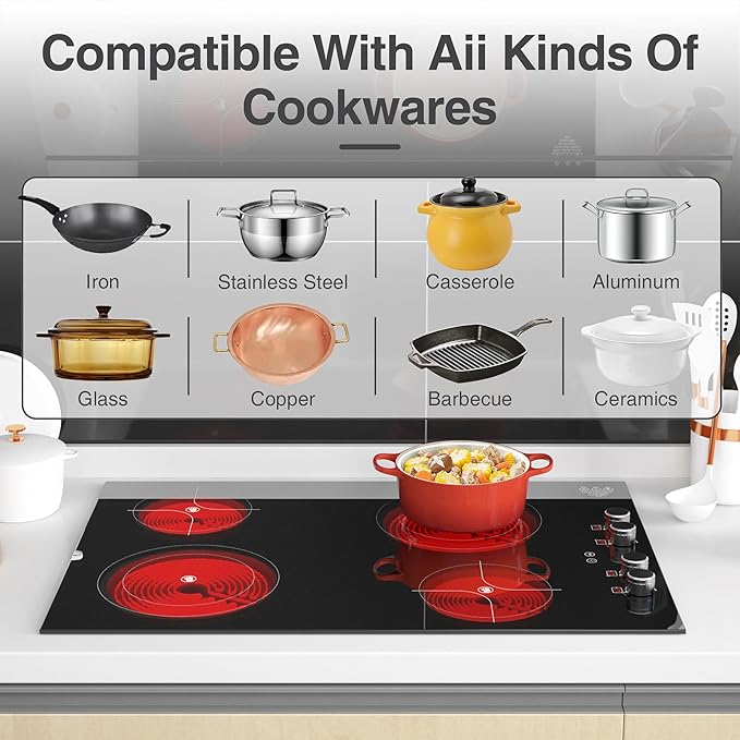 GIHETKUT 4 Burner Electric Cooktop,7200W Built-in & Countertop 4 Burner Electric Stove Top with 9 Power Levels, Child Safety Lock & 99mins Timer, 30 inch Electric Cooktop 220-240V (No Plug)