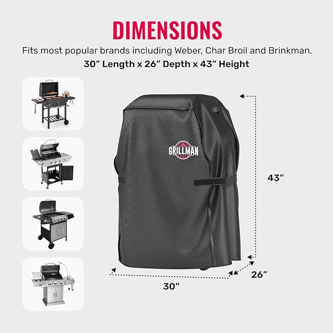 Grillman Heavy Duty BBQ Grill Cover for Outdoor Grill, 30 Inch – Waterproof, Weather Resistant, UV & Fade Resistant with Adjustable Straps – Gas Grill Cover for Weber, Genesis, Charbroil, etc. Black