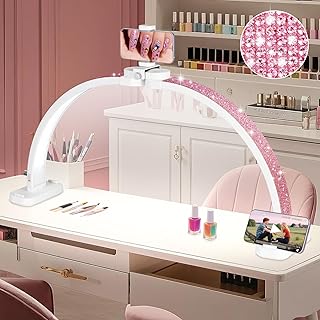 HITTI Super Large 31in Half Moon Light for Nail Desk, Foldable Arch Light for Nail Tech Lamp with Phone Stand, LED Table Lamp for Manicure, Handicraft, Art, Eyelash Extension (Crystal Diamond) -White