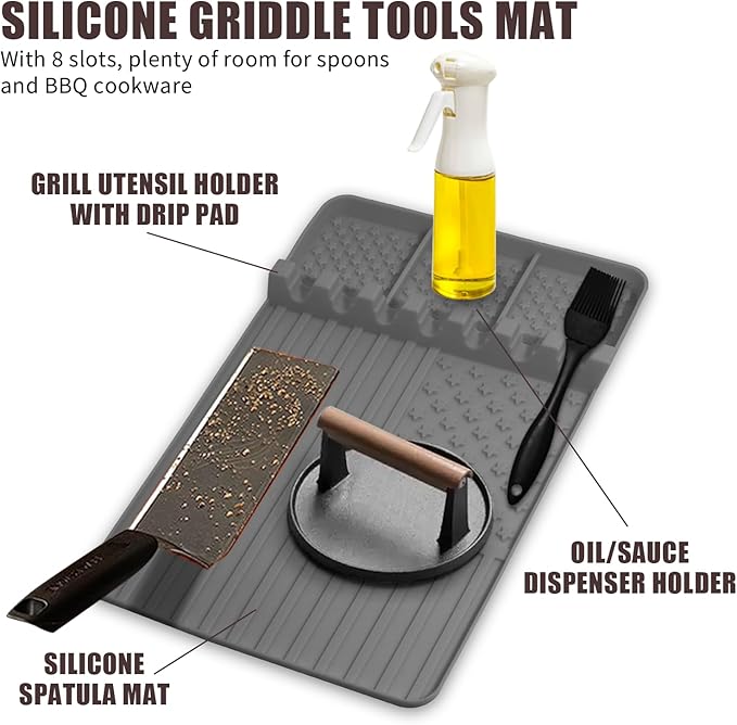 2 PCS Silicone Grill Mat Compatible with Blackstone, BBQ Griddle Tools Mat with Drip Pad, Spatula for Outdoor Kitchen Counter, Gifts for Men (Grey-2)