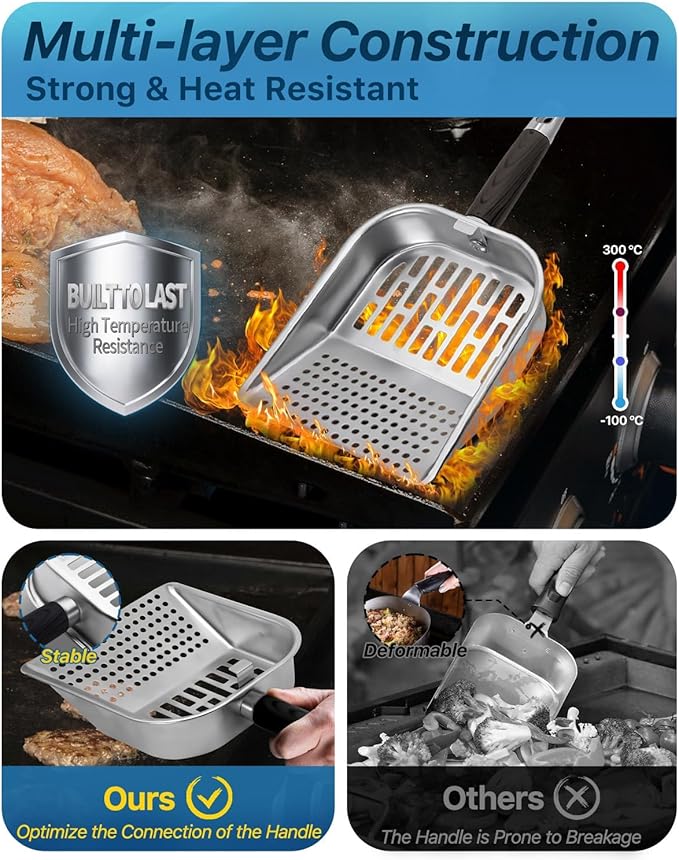 Griddle Scoop for Blackstone with a Any-Edge Hook, Stainless Steel Griddle Portable Food Mover for Stir Fry and Move Food, Sifting Grill Shovel