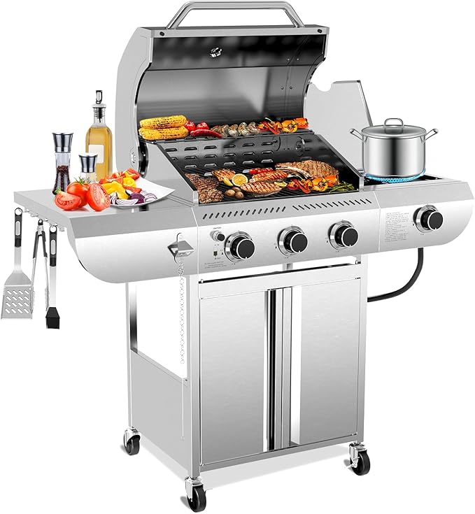 Electactic 3-Burner Propane Gas Grill with Side Burner – 34,000 BTU Stainless Steel Outdoor BBQ Grill, Cast Iron Grates, Portable with Wheels for Patio, Camping
