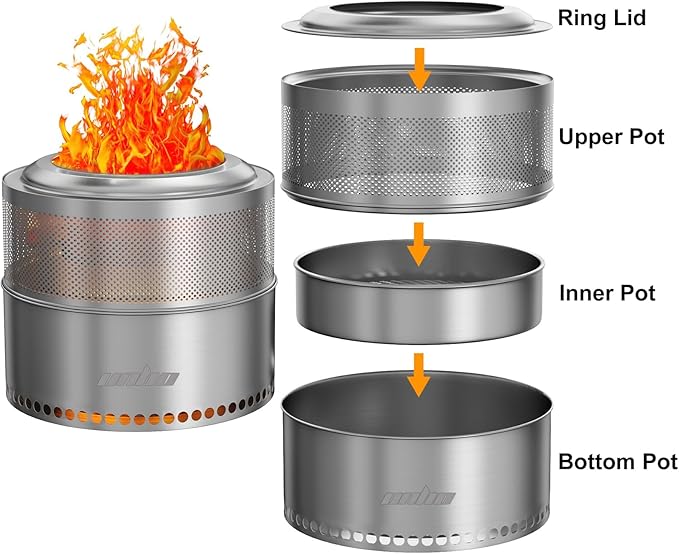 unho 20 Inch smokeless firepit for Outside Wood Burning Stove, Stainless Steel Outdoor Portable Fire Pit for Backyard, Patio, Garden, Picnic