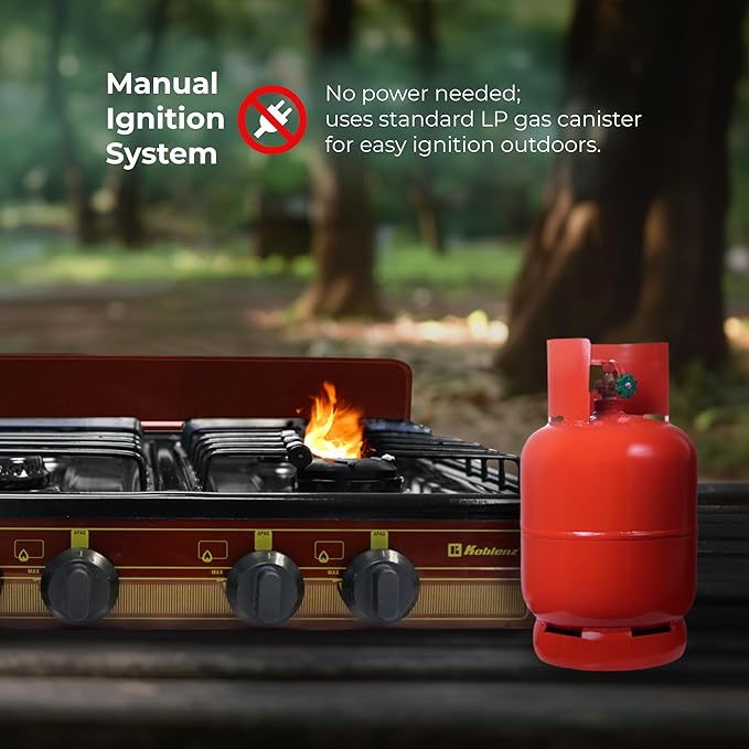Koblenz Victoria PFK-400A 4 Burner Gas Stove, 16,000 BTU Portable Cooktop, Porcelain Cover, Manual Ignition, LP Gas, Outdoor Gas Stove for Camping, Tailgating, Cookouts, Bronze