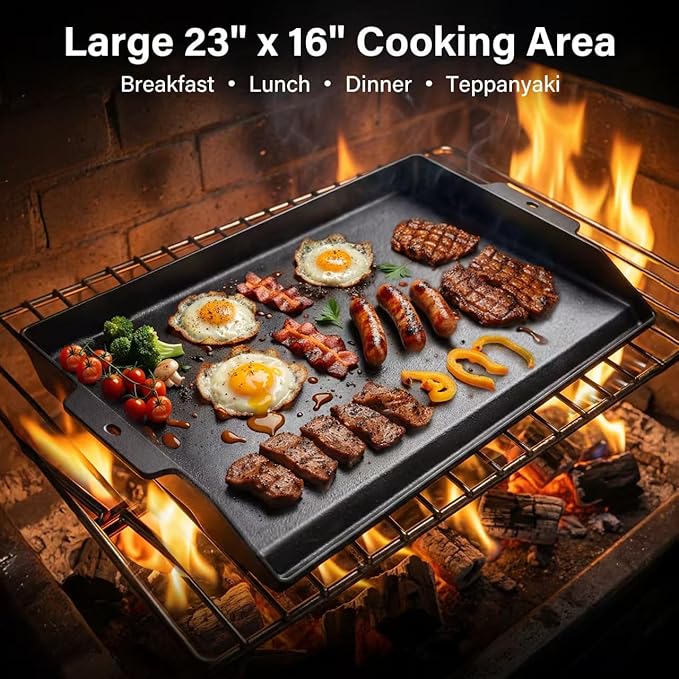 23"x16" Cast Iron Universal Griddle for Gas Grill - 23.5lb Heavy Duty - Pre-Seasoned Nonstick Surface, Reinforced Ridges & Extra High Sidewalls, Flat Top Plate for Gas/Charcoal
