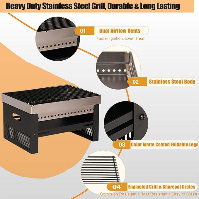 Portable Charcoal Grill, Small Tabletop BBQ, Foldable Mini Hibachi, Stainless Steel Camping Grill, Compact Outdoor Cooker for Picnic, Tailgating
