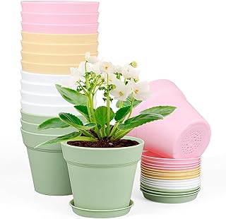 Meowell 6 inch Plastic Nursery Pots, 16 Pack Plant Pots for Indoor Outdoor Plants, Flower Pots with Drainage Holes and Saucers, Decorative Seedling Starter Planters for House Plants, Colorful