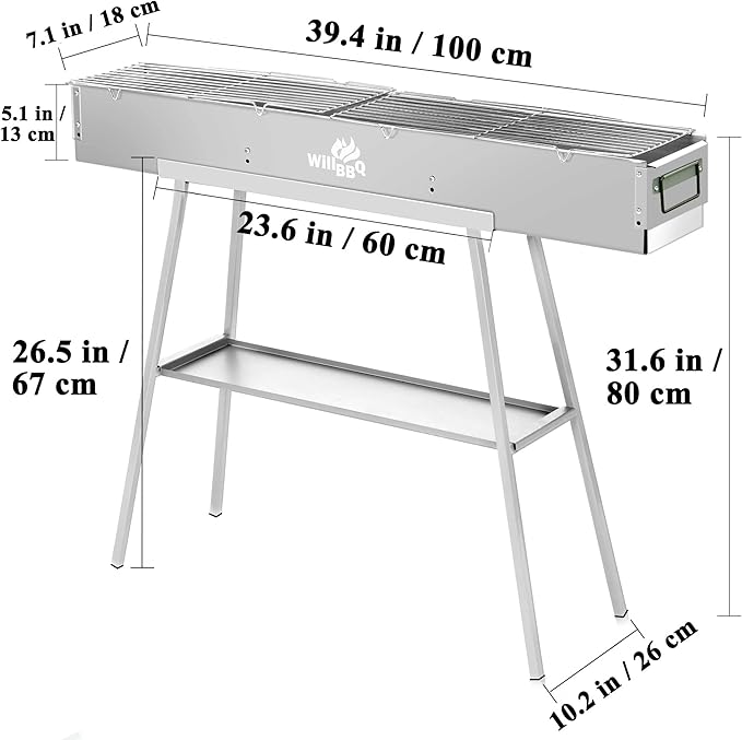 WILLBBQ Charcoal Grills Commercial Quality Portable Hibachi BBQ Lamb Skewer Detachable‌ Camping Barbecue Grill for Backyard Outdoor Cooking Use(39.4x7.1x5.1 inch With Accessories)