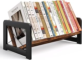 ELITEROO Desktop Bookshelf Organizer, Wood Slanted Desk Bookshelf, Small Tabletop Book Rack, Portable Mini Bookcase for Book Display, Cookbooks, Kids Reading, Office & Home Storage, Rustic Brown
